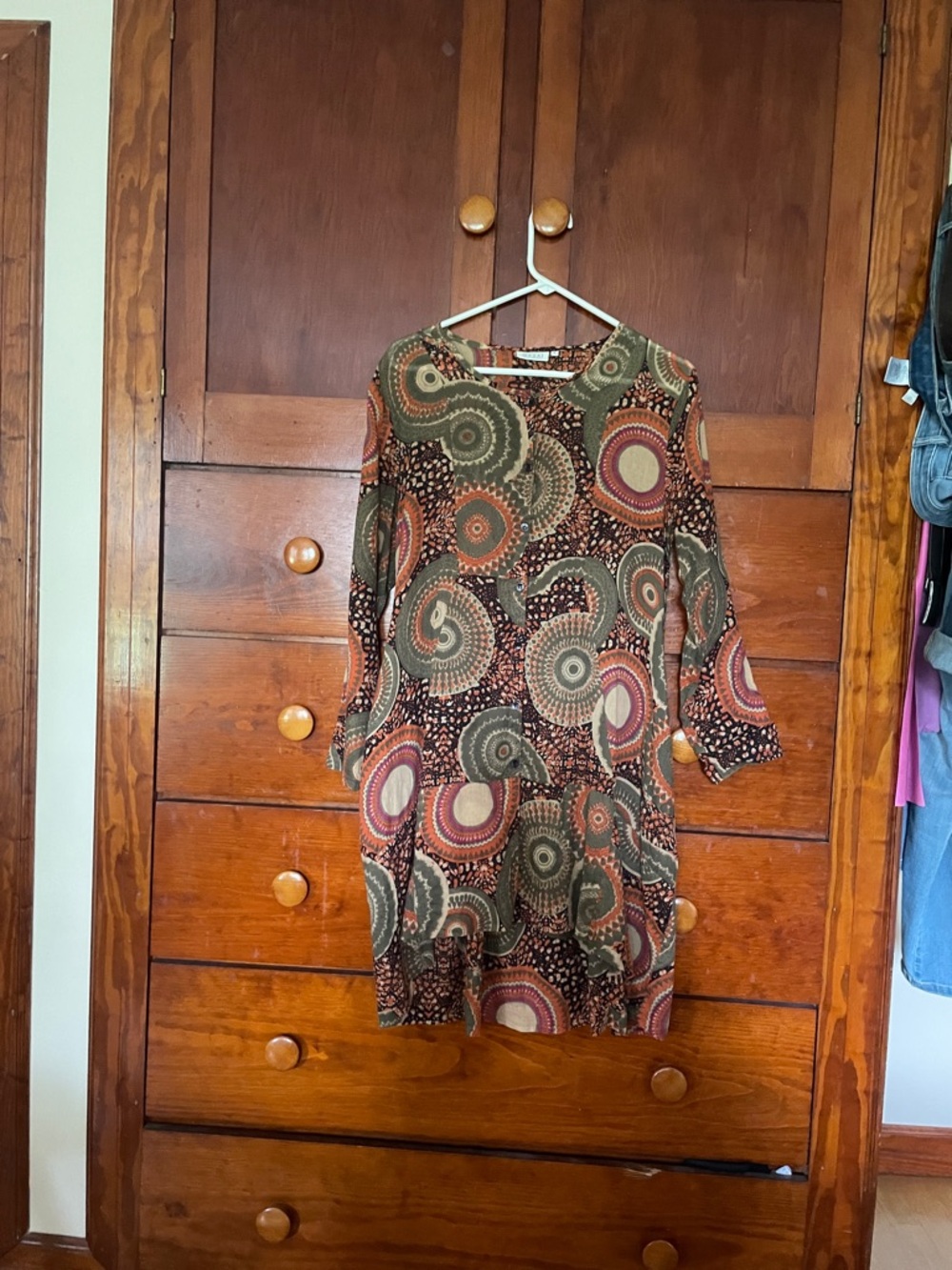 Printed, fall colors Long-Sleeve Dress with Circular Pattern